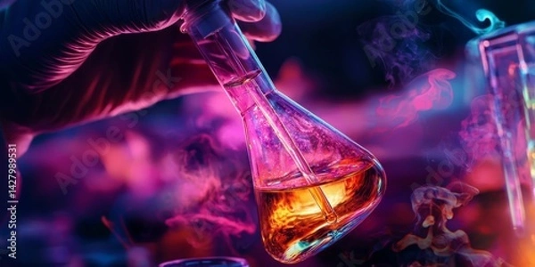 Fototapeta Close-Up of Scientist Hand Holding Laboratory Flask with Colorful Chemical Liquid and Pipette in Modern Research Environment