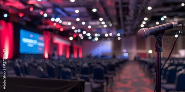 Obraz Close-up View of Microphone on Stand at Conference or Event with Blurred Audience and Chairs in Background, Highlighting Public Speaking and Engagement
