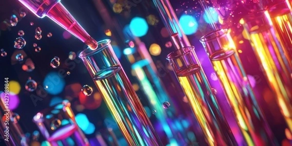 Fototapeta Precision laboratory pipette filled with colorful liquid above test tubes with chemical structures in background illuminating modern scientific research environment