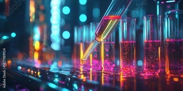Fototapeta Precision laboratory pipette filled with colorful liquid above test tubes with chemical structures in background illuminating modern scientific research environment
