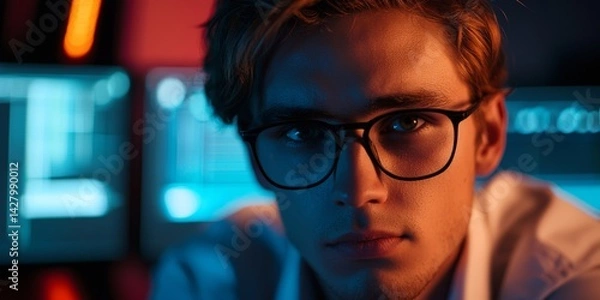 Fototapeta Thoughtful young man in glasses looking towards camera surrounded by digital graphics and data visualizations in a modern workspace with ambient lighting