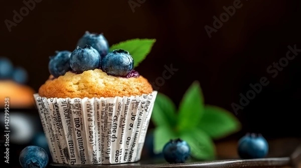 Fototapeta Blueberry muffin with a leaf on top is sitting on a table. The muffin is covered in blueberries and has a paper wrapper around it. Concept of freshness and naturalness