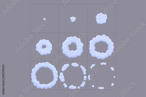 Fototapeta Cloud explosion effect animation. Game design cartoon animation frames. Flash.