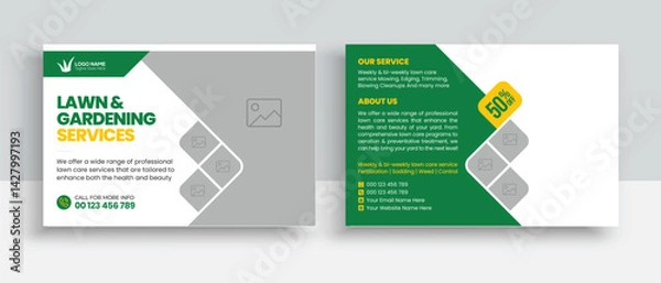 Fototapeta Lawn Mower Garden or Landscaping Service Postcard Template. Eddm Postcard Design, Event Card Design, Direct Mail Template, Invitation Design. leaflet, grass, equipment, gardener