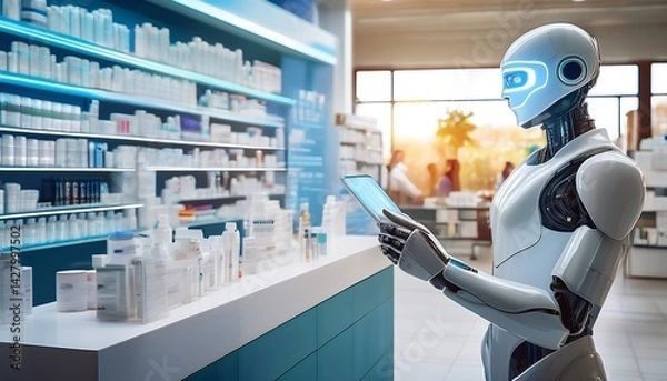 Obraz Futuristic Robot Assistant in Pharmacy Checking Inventory with Digital Tablet and Shelves Full of Medications
