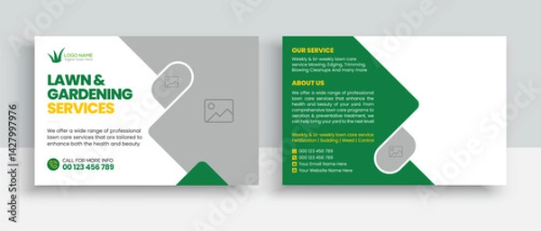 Fototapeta Lawn Mower Garden or Landscaping Service Postcard Template. Eddm Postcard Design, Event Card Design, Direct Mail Template, Invitation Design. leaflet, grass, equipment, gardener