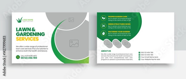 Obraz Lawn Mower Garden or Landscaping Service Postcard Template. Eddm Postcard Design, Event Card Design, Direct Mail Template, Invitation Design. leaflet, grass, equipment, gardener