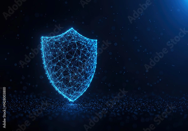 Fototapeta A brilliant blue shield with interconnected lines symbolizes digital protection and data security.
