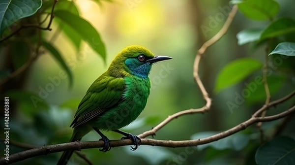 Fototapeta Green bird in misty forest scene