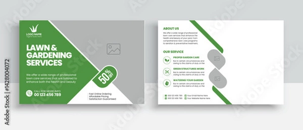 Fototapeta Lawn Mower Garden or Landscaping Service Postcard Template. Eddm Postcard Design, Event Card Design, Direct Mail Template, Invitation Design. leaflet, grass, equipment, gardener