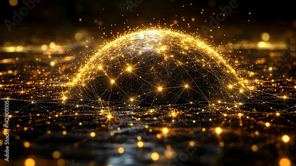 Obraz Golden hemisphere of connected nodes glowing bright with depth of field on a dark watery surface