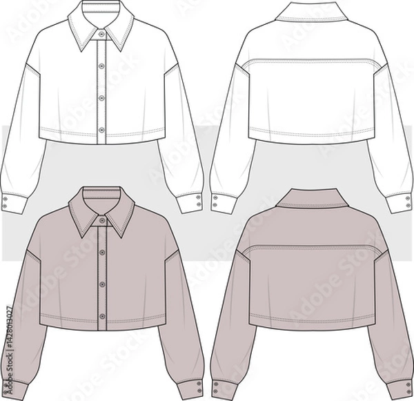 Obraz Women's cropped shirt, blouse. flat sketch technical drawing, fashion illustration, vector. Long sleeve shirt front and back view. Cad, Mockup.