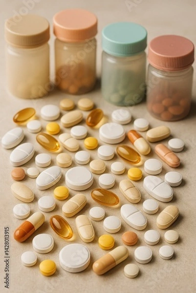 Obraz An assortment of colorful pills and capsules is spread out on a neutral surface, with various containers holding additional medications in the background, captured during the day