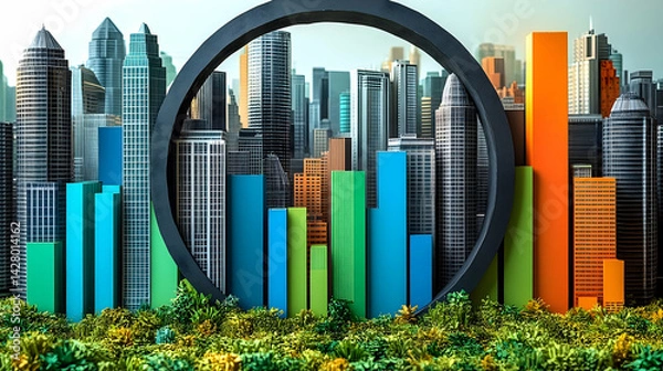 Obraz Urban landscape featuring a black ring colorful bars and greenery against city buildings