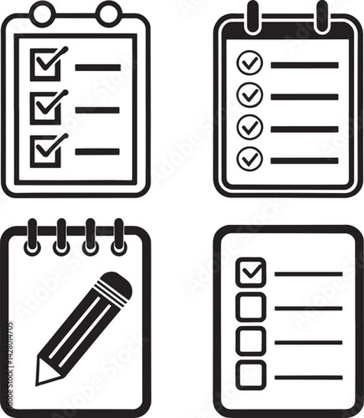 Fototapeta Notepad Document with pen, form icon. line and glyph version, Sheet of paper and pencil outline and filled vector sign. linear and full pictogram. Symbol, logo illustration. Different style icons set