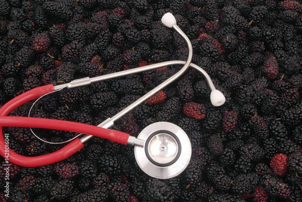 Obraz Stethoscope on ripe mulberry background