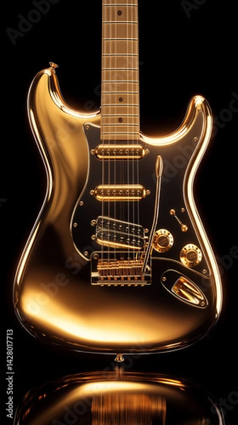 Obraz Shiny Gold Electric Guitar with Glossy Finish and Stylish Design on Black Background