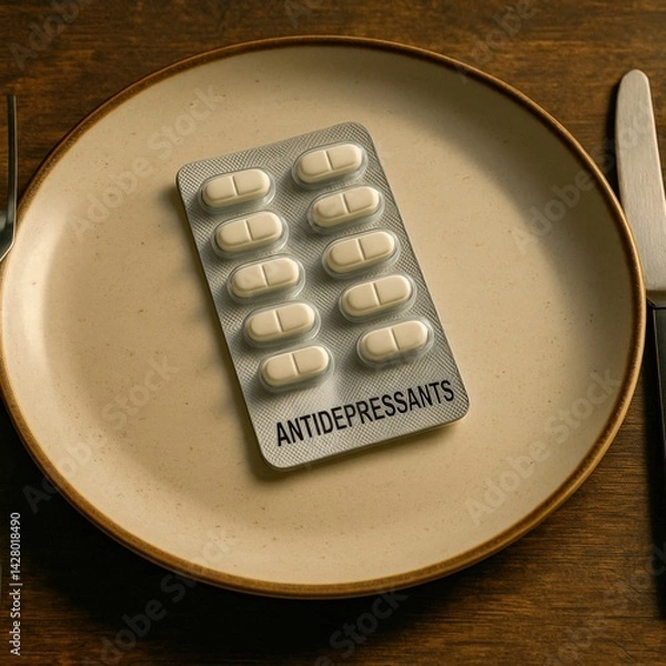 Obraz A blister pack of white antidepressant tablets sits on a round plate, creating a stark contrast to typical meal settings