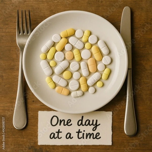 Obraz A collection of white, yellow, and beige tablets is artfully arranged on a white plate, accompanied by a motivational phrase emphasizing taking one day at a time for personal well-being