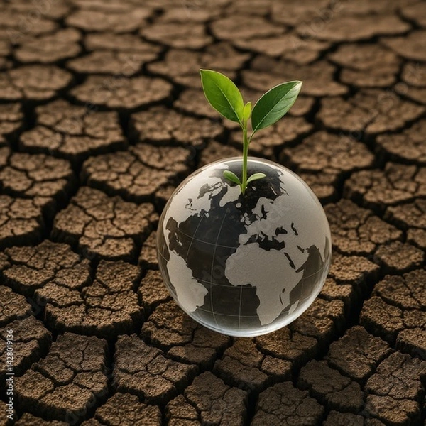 Obraz A small plant sprouts from a globe depicting the continents, placed on cracked dry soil, symbolizing the urgent need for environmental care and climate action