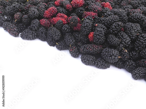 Fototapeta Ripe mulberry berries isolated on white background. Copy space for text.	