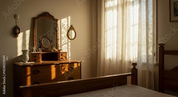 Fototapeta Sunlit Bedroom with Antique Vanity