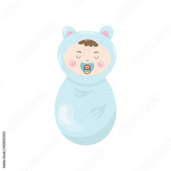 Fototapeta Vector clipart sleeping newborn baby  in blue blanket  with pacifier. For kids design. Stock isolated clipart on a white background. 