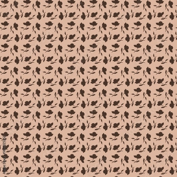 Fototapeta Fashion floral seamless pattern of branches silhouette chocolate mocha flowers drawn by hand on a beige background. Repeating pattern.