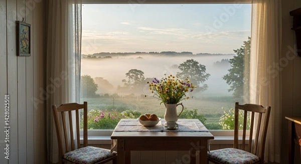 Fototapeta Misty Morning View from a Cozy Cottage Window