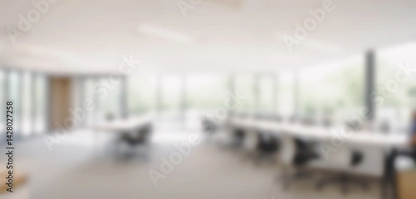 Fototapeta Blurred office interior with desks chairs and natural light through large windows.