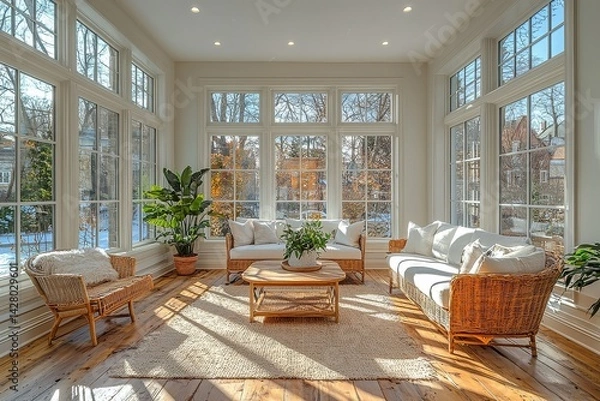 Fototapeta Bright and airy sunroom in Montreal with large windows, wooden floors, and white walls, creating a spacious family home atmosphere.