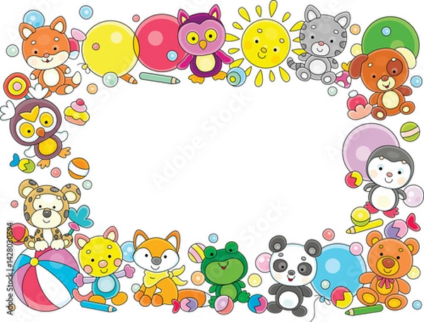 Fototapeta Frame border with colorful gifts, cute baby animals, funny toys and sweets for little children, vector cartoon illustration isolated on a white background