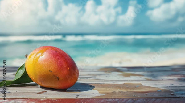 Fototapeta Fresh mango on wooden table by beach with ocean waves