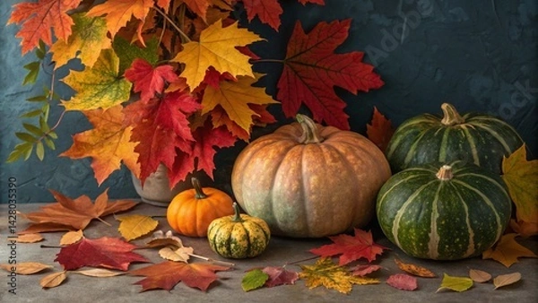 Fototapeta Background with a pumpkins and leaves decorative image