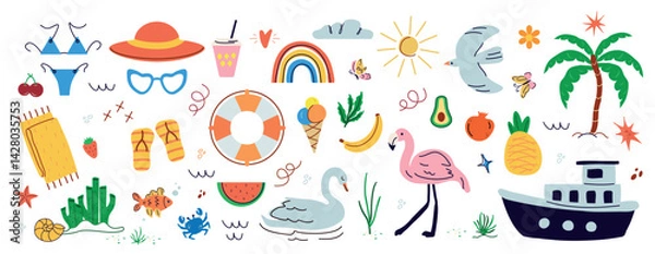 Fototapeta Summer, a set of trend elements: sun, pineapple, palm tree, dessert, ice cream, drinks. Fashionable modern art. Cartoon, minimalistic, abstract modern style. art template for summer postcards, banners