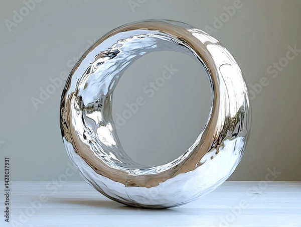 Fototapeta Abstract silver ring sculpture with dynamic liquid texture on a wood grain surface