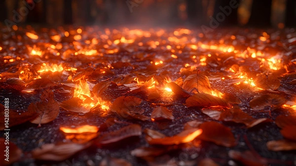 Fototapeta Autumn leaves cover the ground glowing with a warm fiery light in a dark bokeh-filled forest setting
