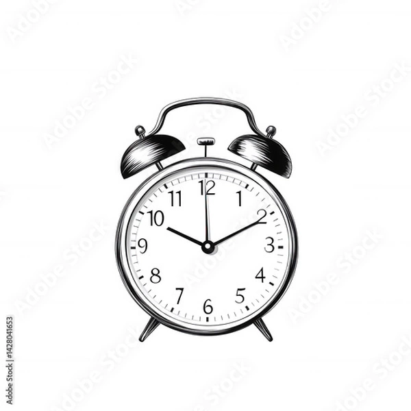 Fototapeta A classic black alarm clock with white dial and silver bells, symbolizing time management and punctuality, placed against a white isolated background.