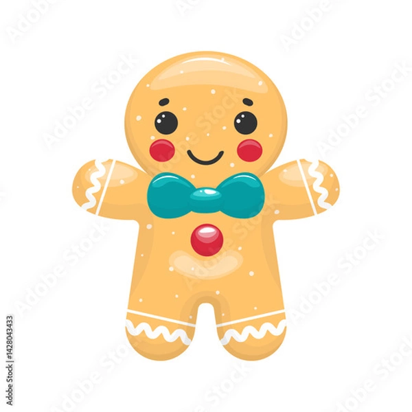 Fototapeta Cute vector gingerbread man with bow tie. Graphic design vector illustration. For Christmas design. Stock isolated clipart on a white background.