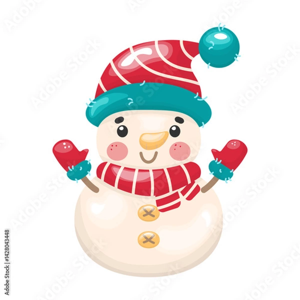 Fototapeta Cute vector snowman in a hat, scarf and mittens. Stock isolated clipart on a white background.