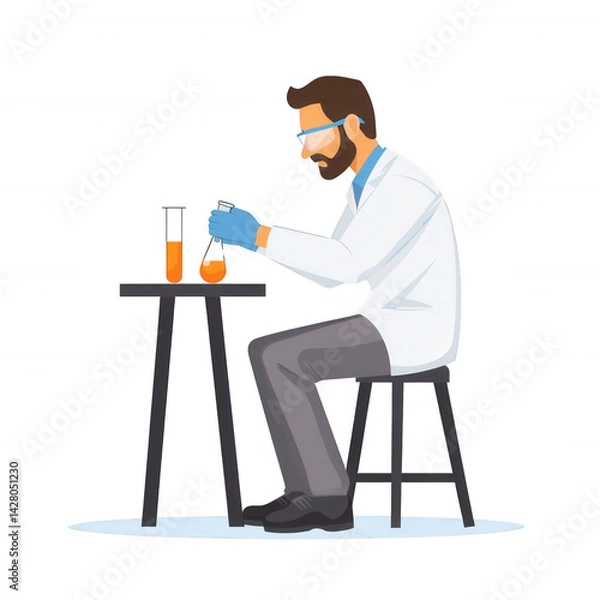 Fototapeta A scientist in a lab coat conducting experiments with test tubes. He is focused on his work, illustrating dedication to scientific research and innovation.