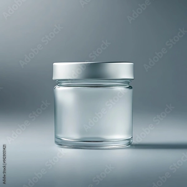 Fototapeta Clear glass jar with metallic lid set against a soft gradient background, ideal for product display