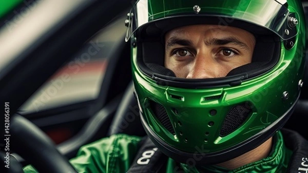 Fototapeta Close-up of race car driver inside green sports car. Driver in helmet, intense eyes visible, focused.