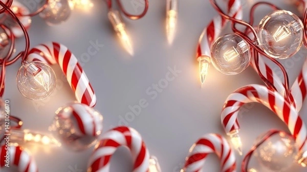 Obraz warm glowing christmas lights wrapped around striped red and white candy canes, luminous glass bulbs with realistic reflections, twisted garland string border, festive holiday illumination,