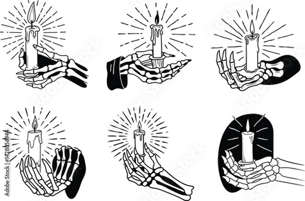 Obraz Collection of skeleton hands holding burning candles with radiating light black and white