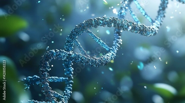 Fototapeta Close-up of a DNA double helix surrounded by ethereal elements and vibrant green, symbolizing genetic research and life.
