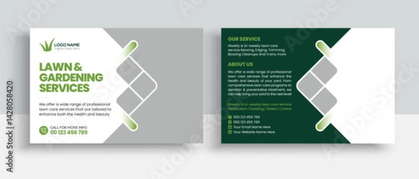 Obraz Lawn Mower Garden or Landscaping Service Postcard Template. Eddm Postcard Design, Event Card Design, Direct Mail Template, Invitation Design. leaflet, grass, equipment, gardener