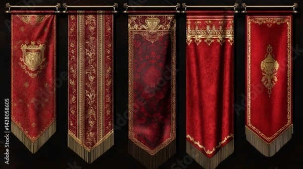 Obraz royal banner collection with rich crimson fabric, ornate golden border accents, varied geometric bottom patterns, traditional heraldic style, mounted display rods, silk-like material texture