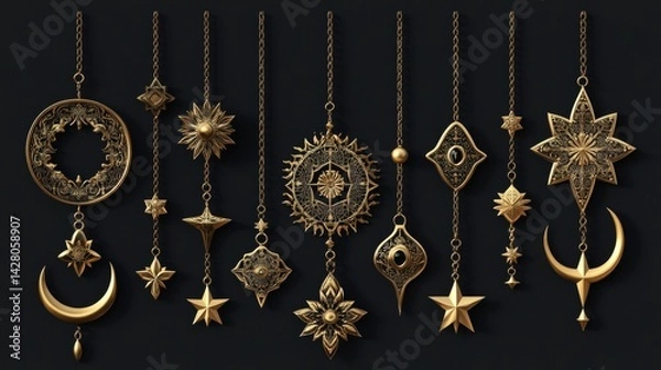 Obraz golden middle eastern hanging ornaments, traditional architectural elements, detailed geometric patterns, decorative star and crescent designs, intricate metalwork style, ceremonial art pieces