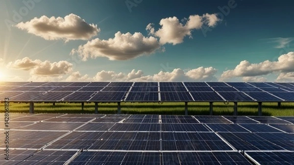 Fototapeta Conceptual illustration large-scale solar panel farm project with rows of photovoltaic panels across open field.